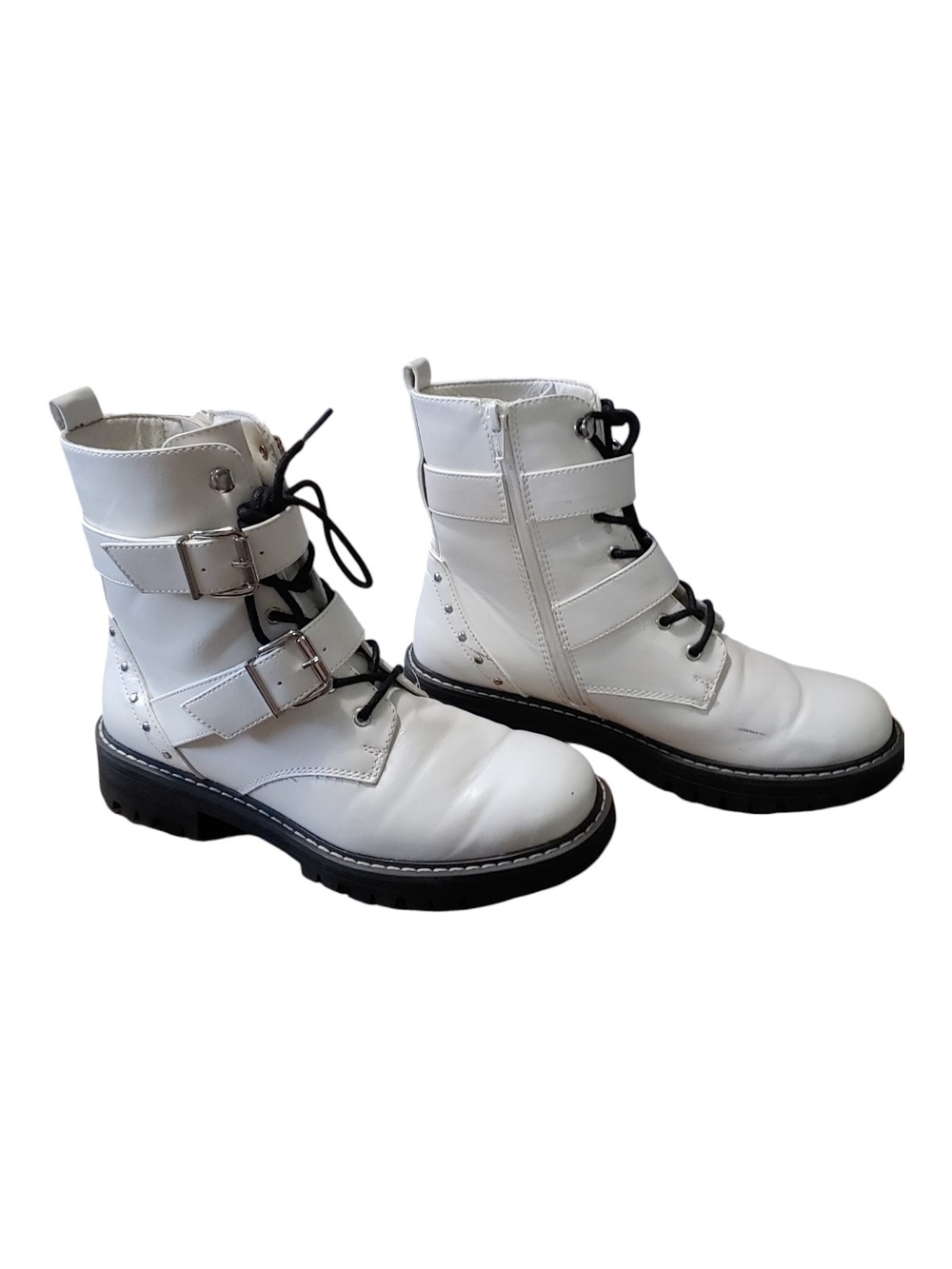 White Combat Ankle Boots with Buckles and Laces